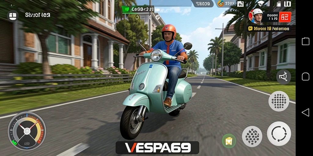Tampilan gameplay VESPA69 dengan Vespa dan latar kota yang menarik.